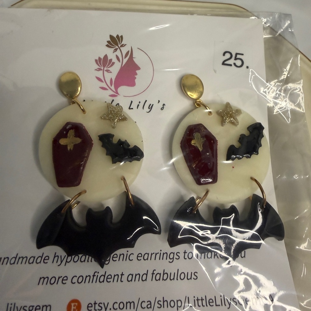 Halloween Black and Gold Bat Earrings